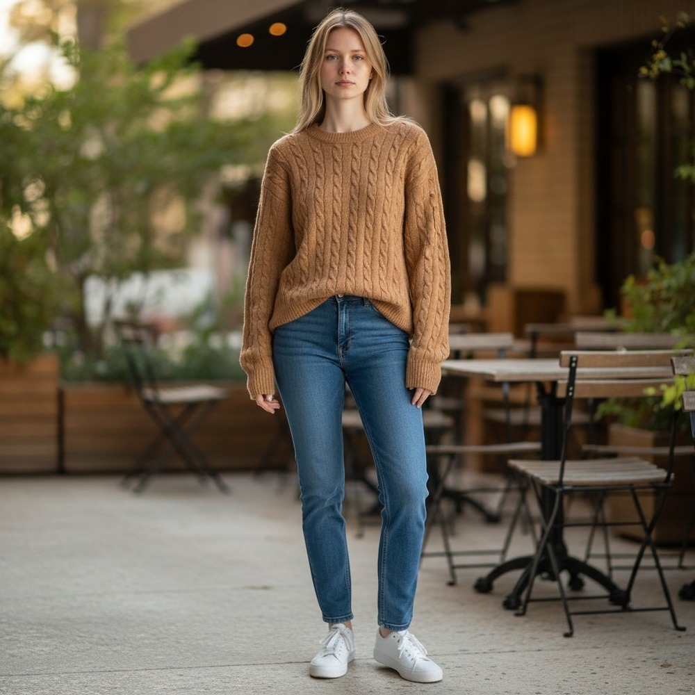 Uniqlo unisex Large Brown Cable Knit Crewneck Sweater Wool Blend Tan 460950